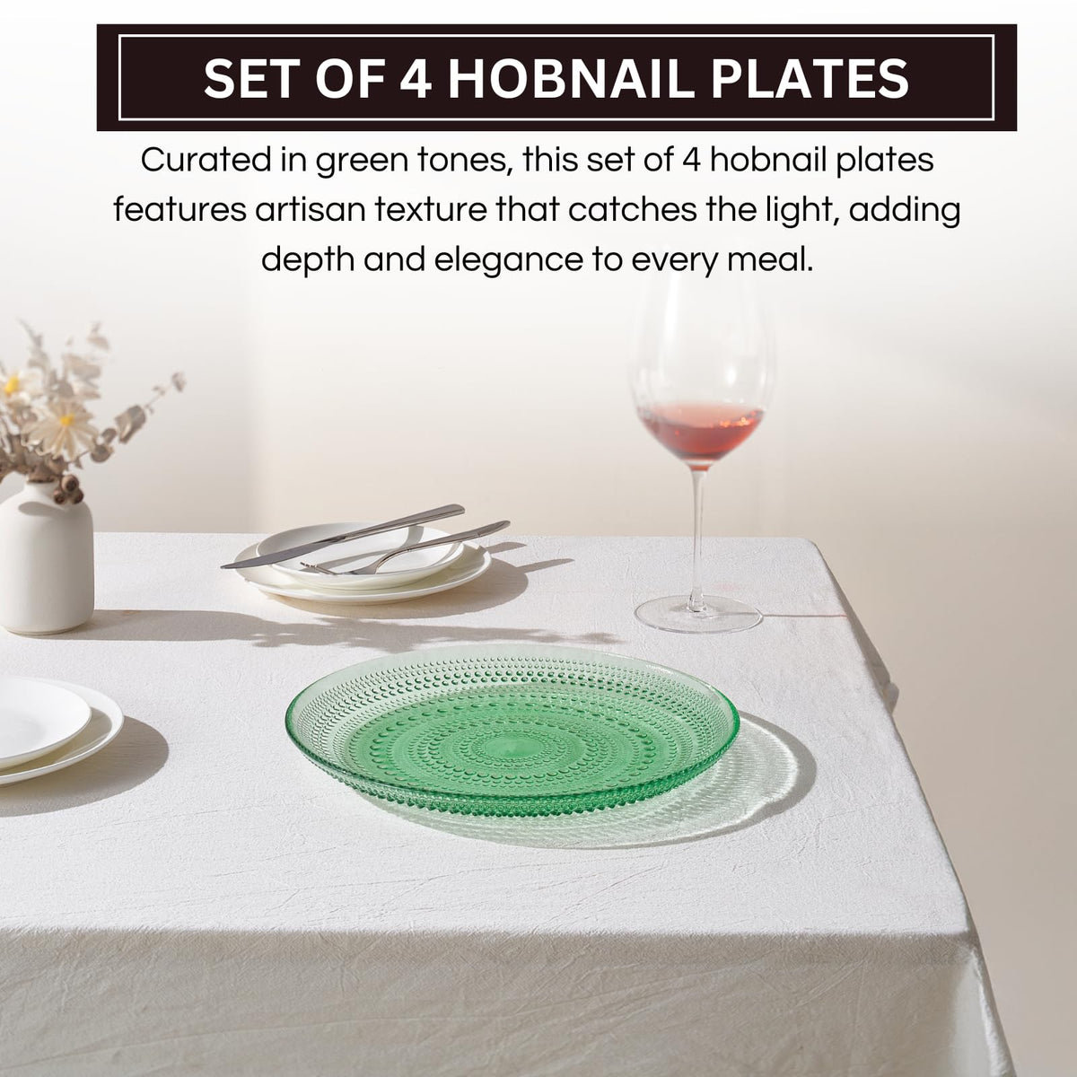 Green Glass Hobnail Dinner Plates – Set of 4