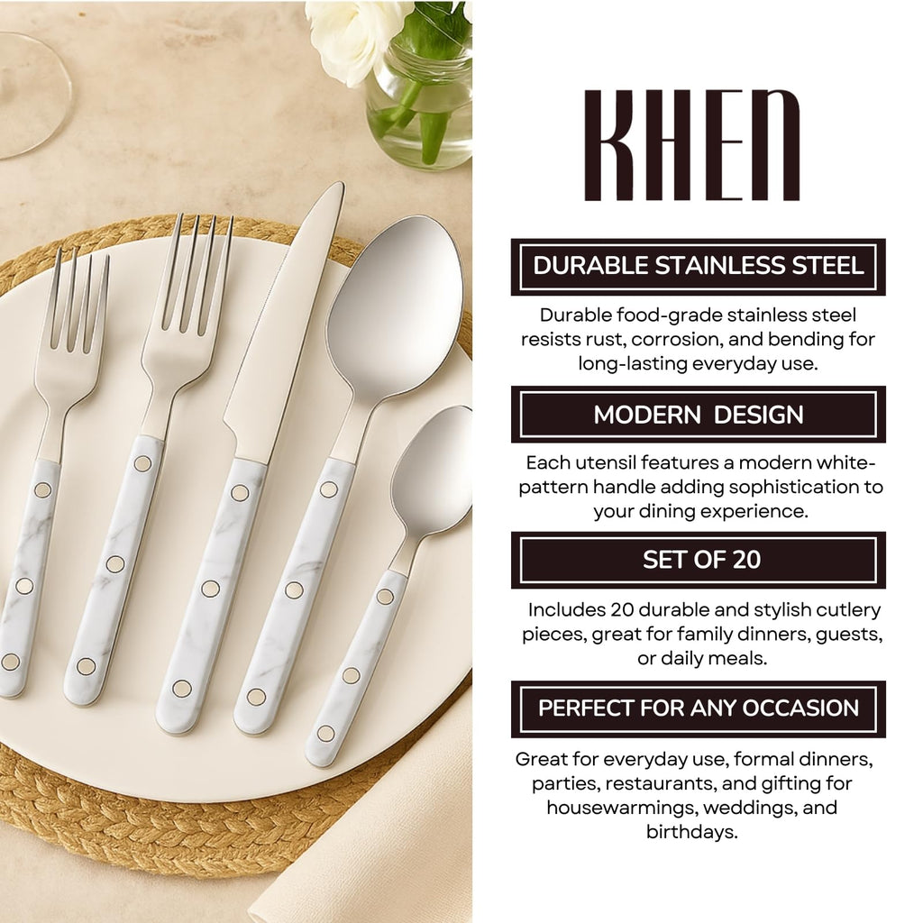 Khen White Stainless Steel Flatware – 20-Piece Set