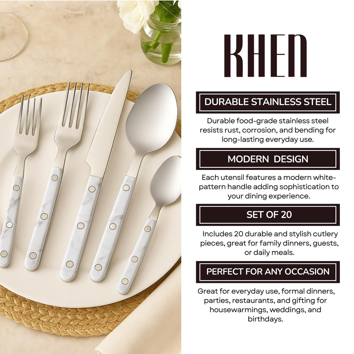 Khen White Stainless Steel Flatware – 20-Piece Set