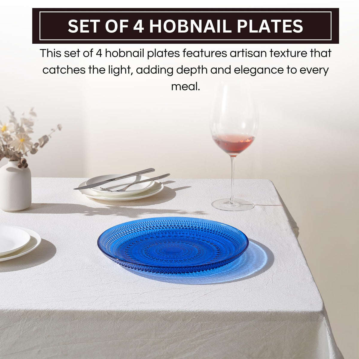 Dark Blue Glass Hobnail Dinner Plates – Set of 4