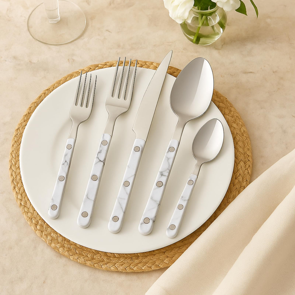 Khen White Stainless Steel Flatware – 20-Piece Set