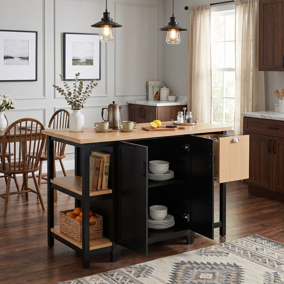 58" Freestanding Kitchen Island-Open Shelving