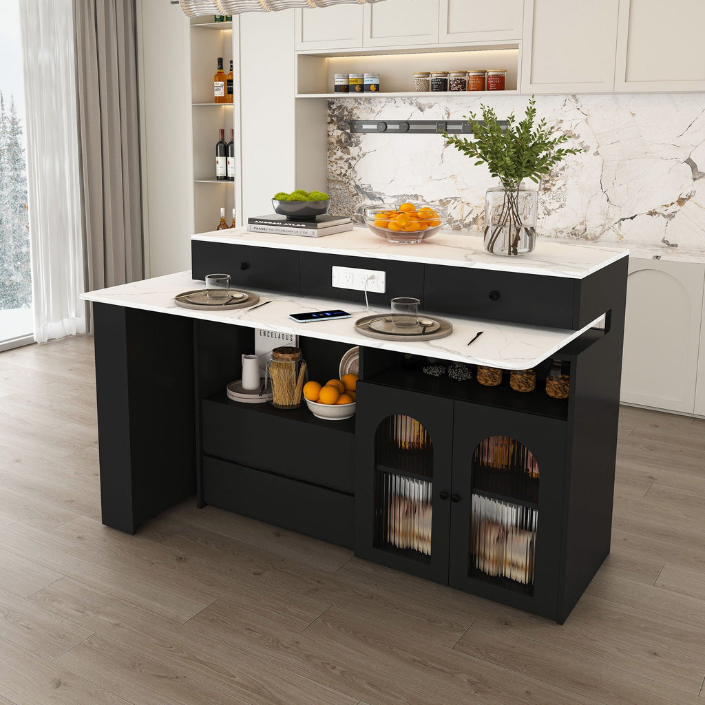 Kitchen Island With Extendable Rotating Table and Glass Door Cabinets