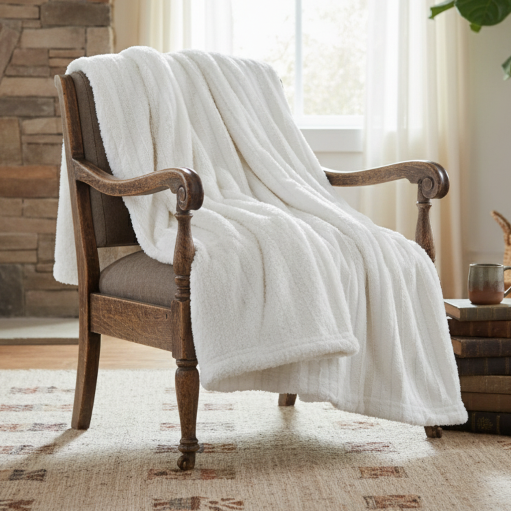 Tache Ivory Faux Fur & Sherpa Throw Blanket