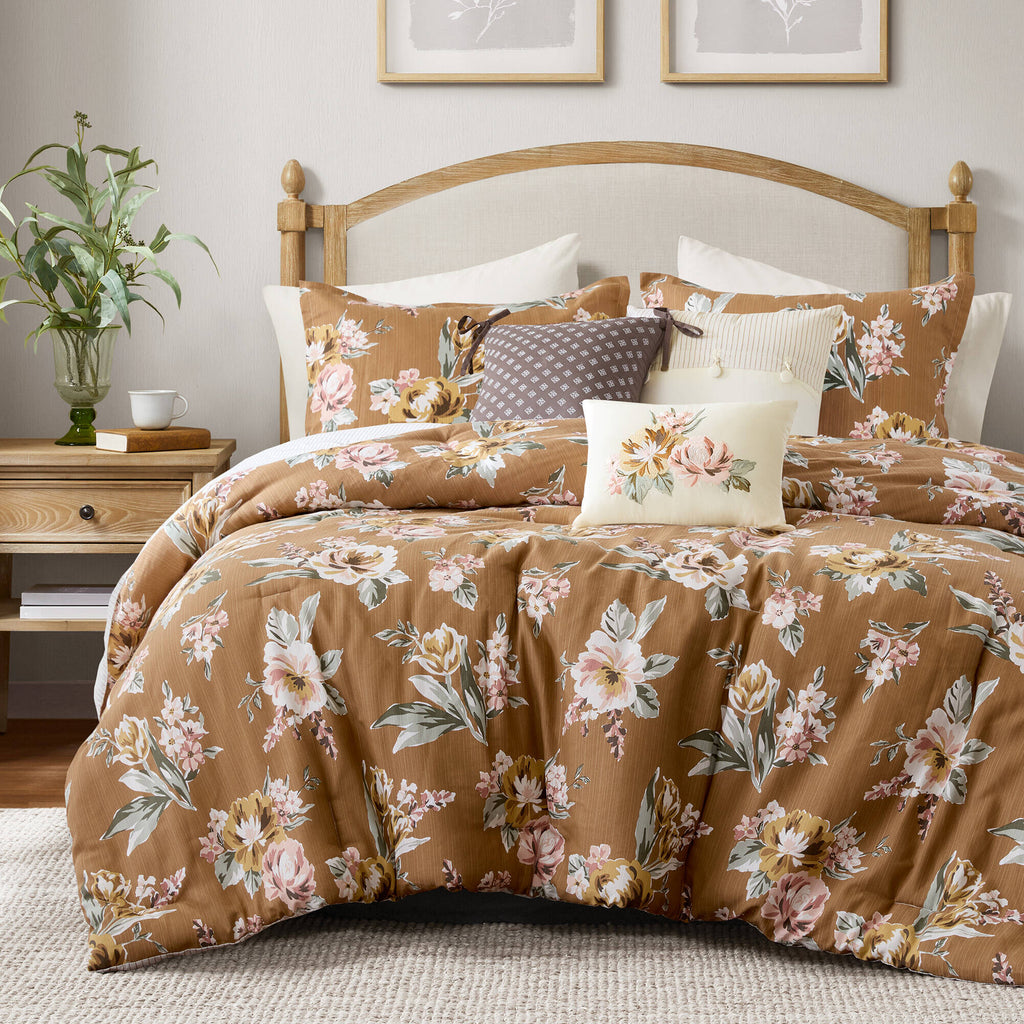 Terracotta 7-Piece Floral Comforter Set-Queen