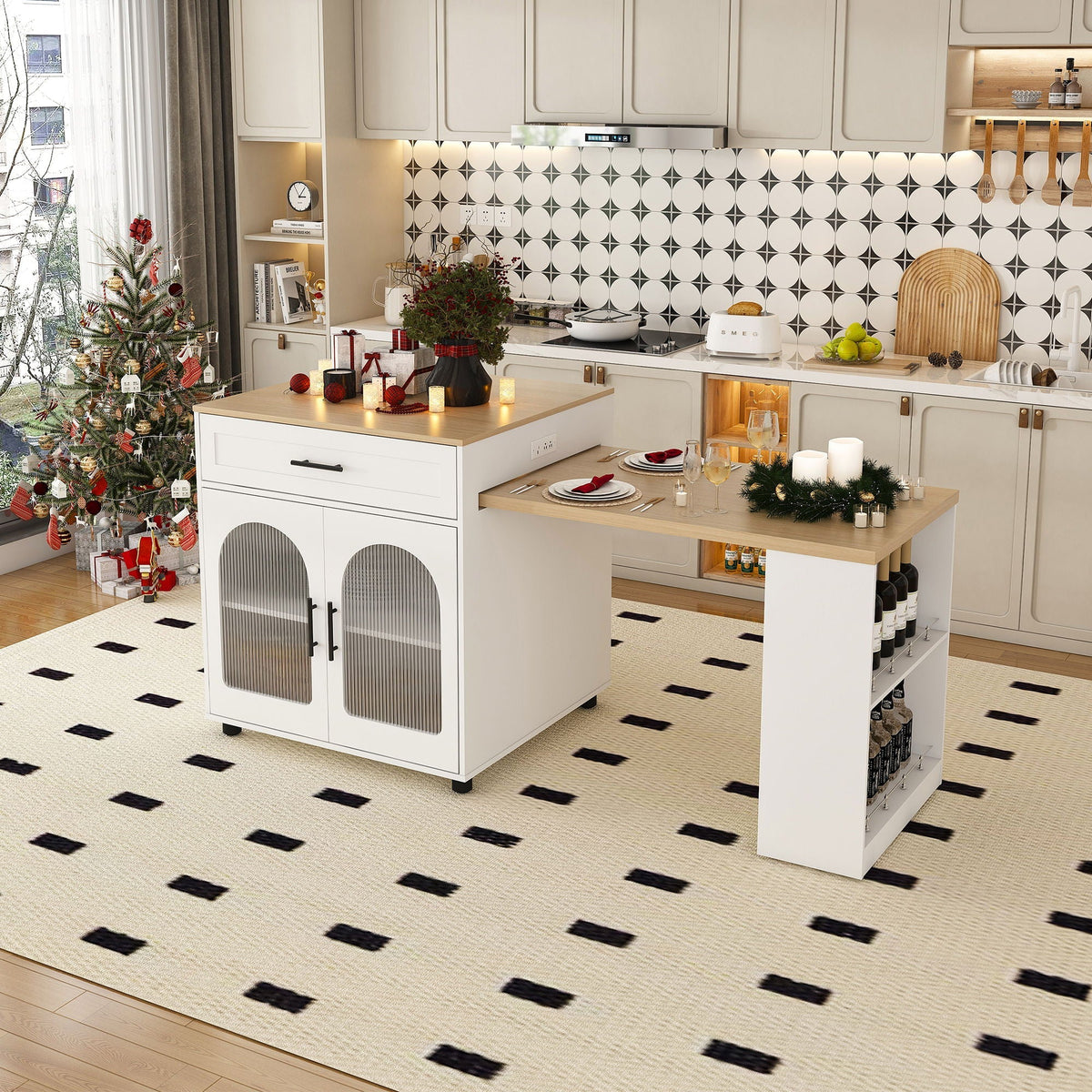 Expandable Kitchen Island with Power Outlets and USB Ports