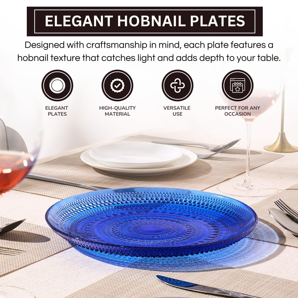 Dark Blue Glass Hobnail Dinner Plates – Set of 4