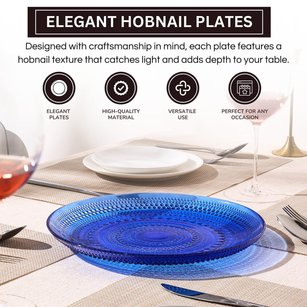 Dark Blue Glass Hobnail Dinner Plates – Set of 4
