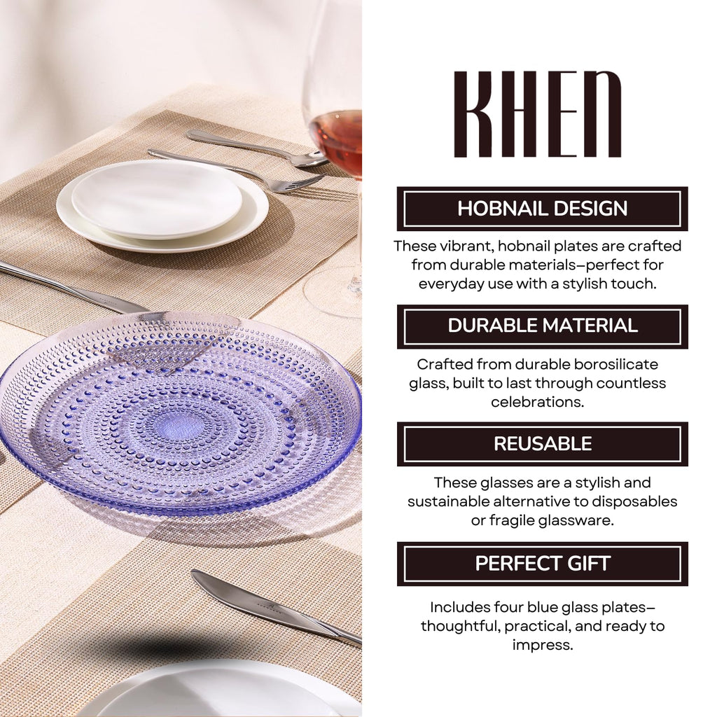 Blue Glass Hobnail Dinner Plates – Set of 4