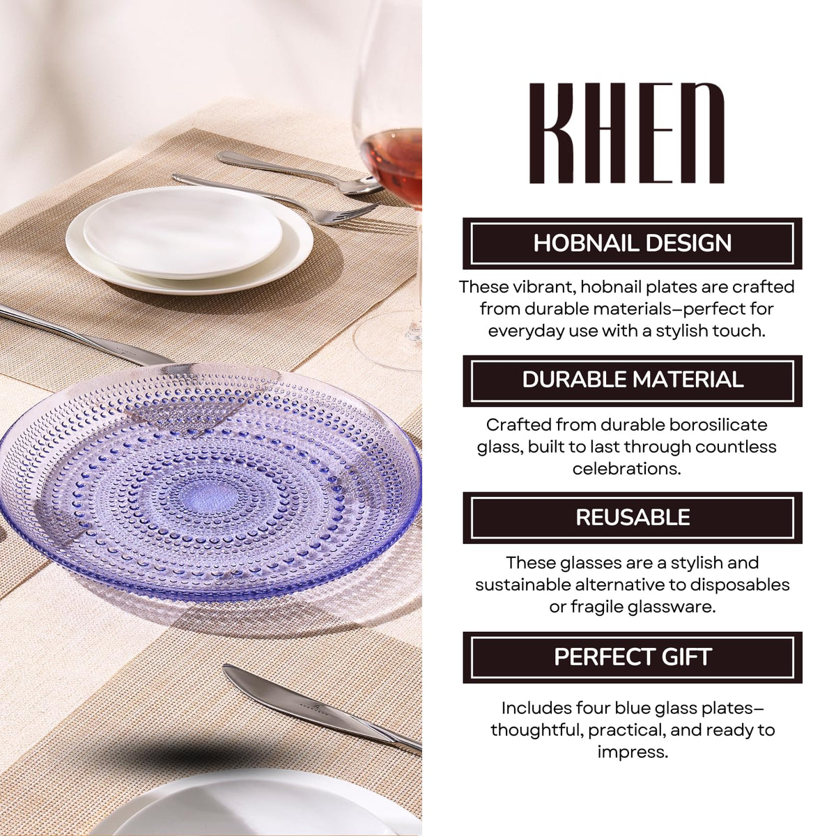 Blue Glass Hobnail Dinner Plates – Set of 4