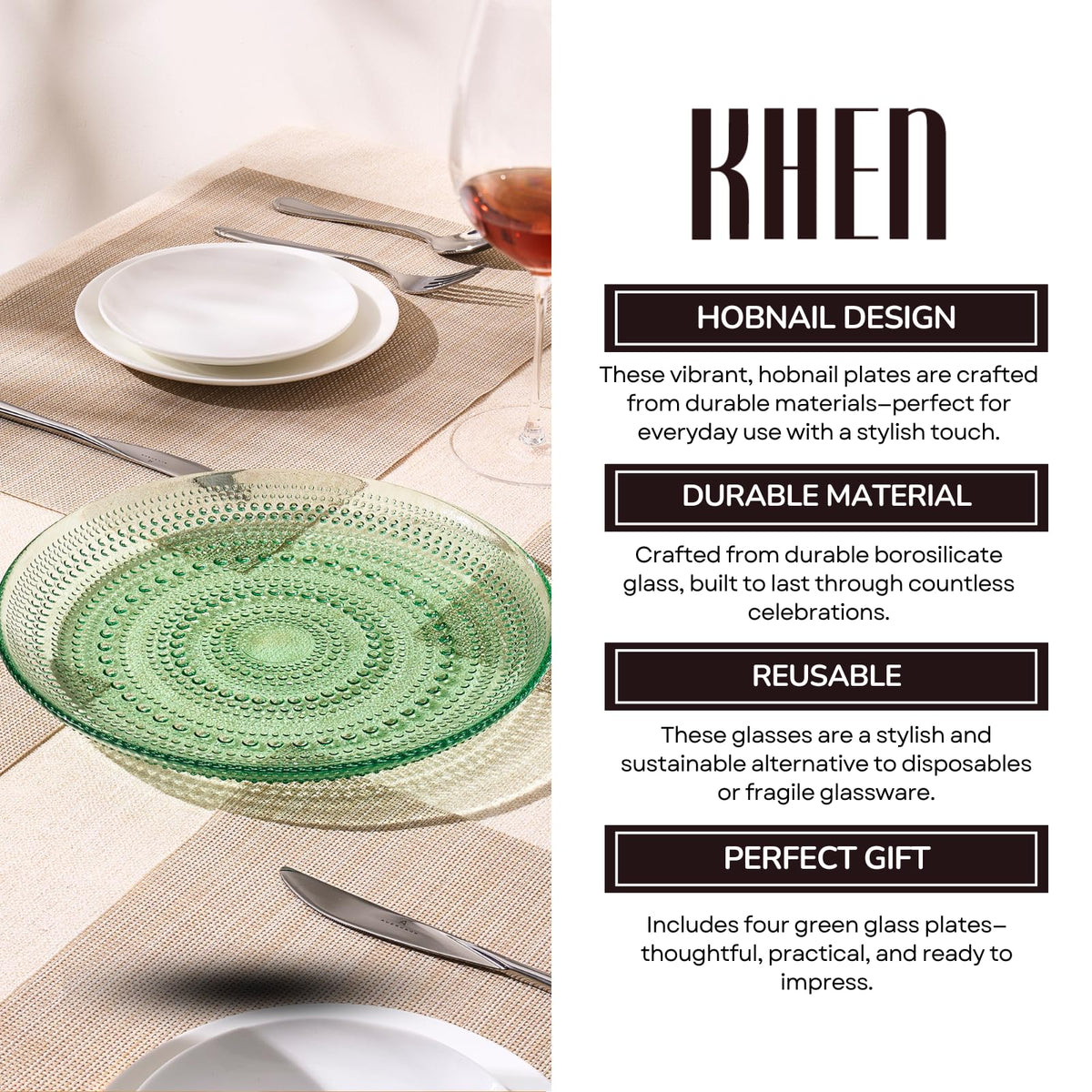 Green Glass Hobnail Dinner Plates – Set of 4