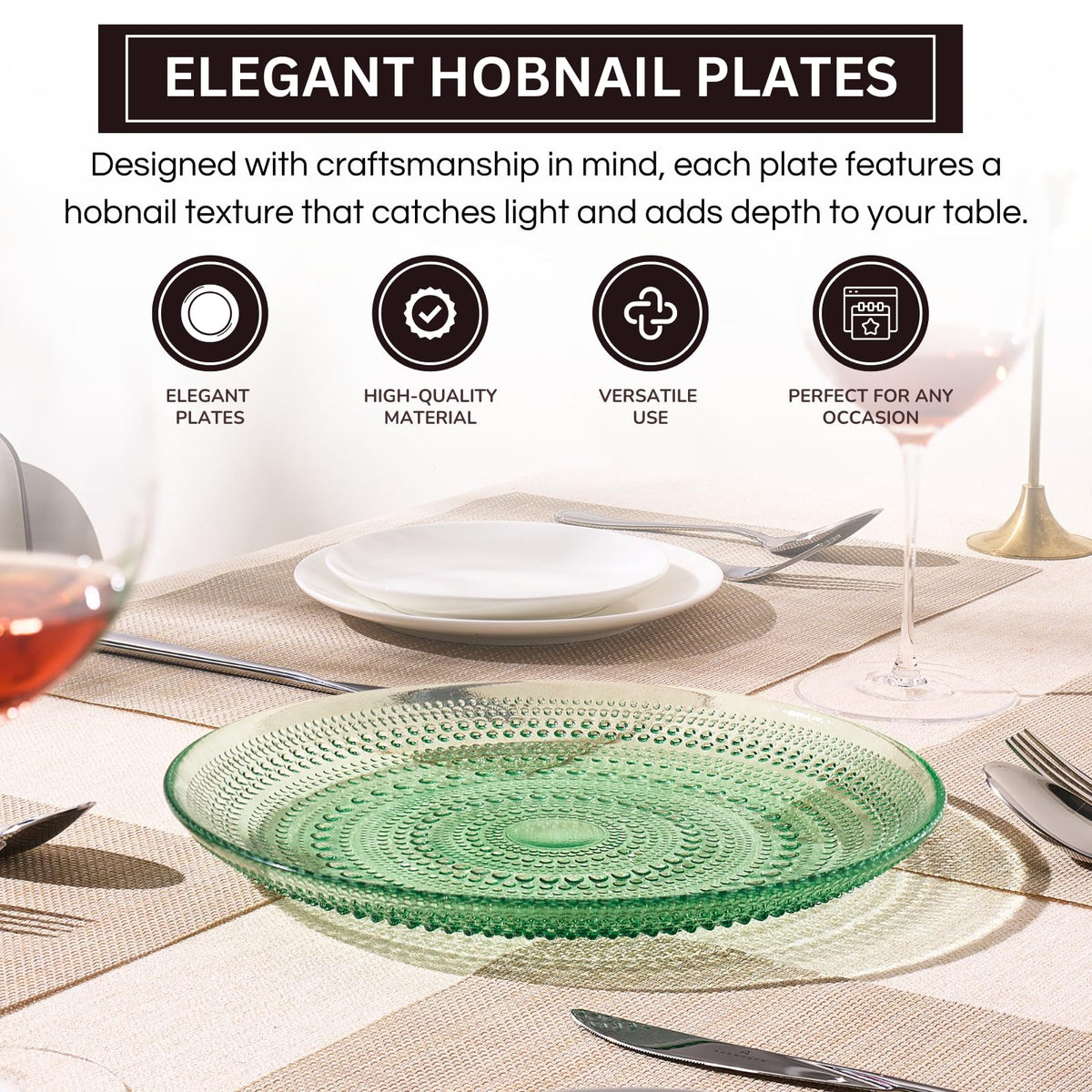 Green Glass Hobnail Dinner Plates – Set of 4