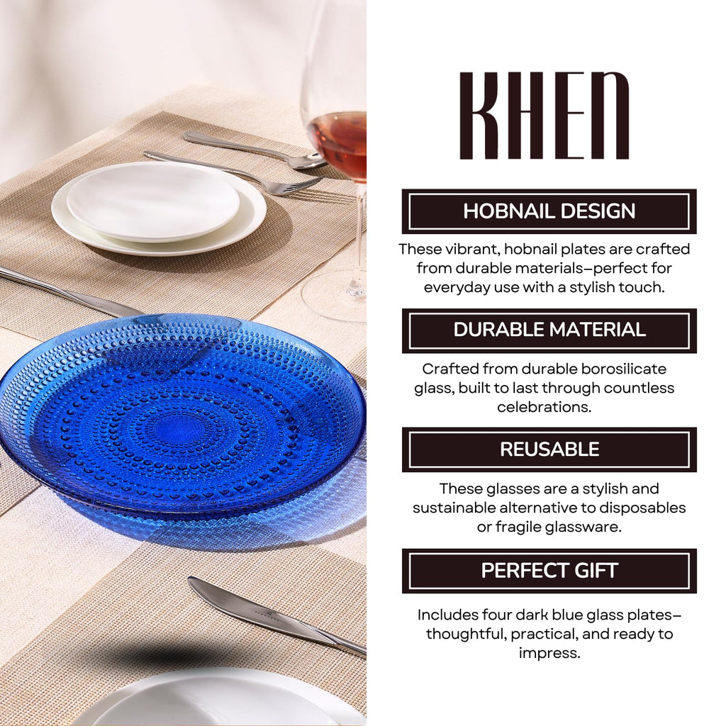 Dark Blue Glass Hobnail Dinner Plates – Set of 4