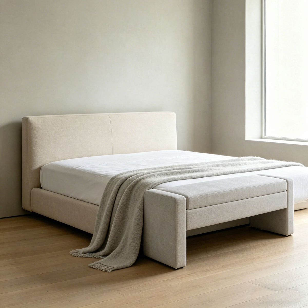 White Modern Upholstered Ottoman with Tufted Seat