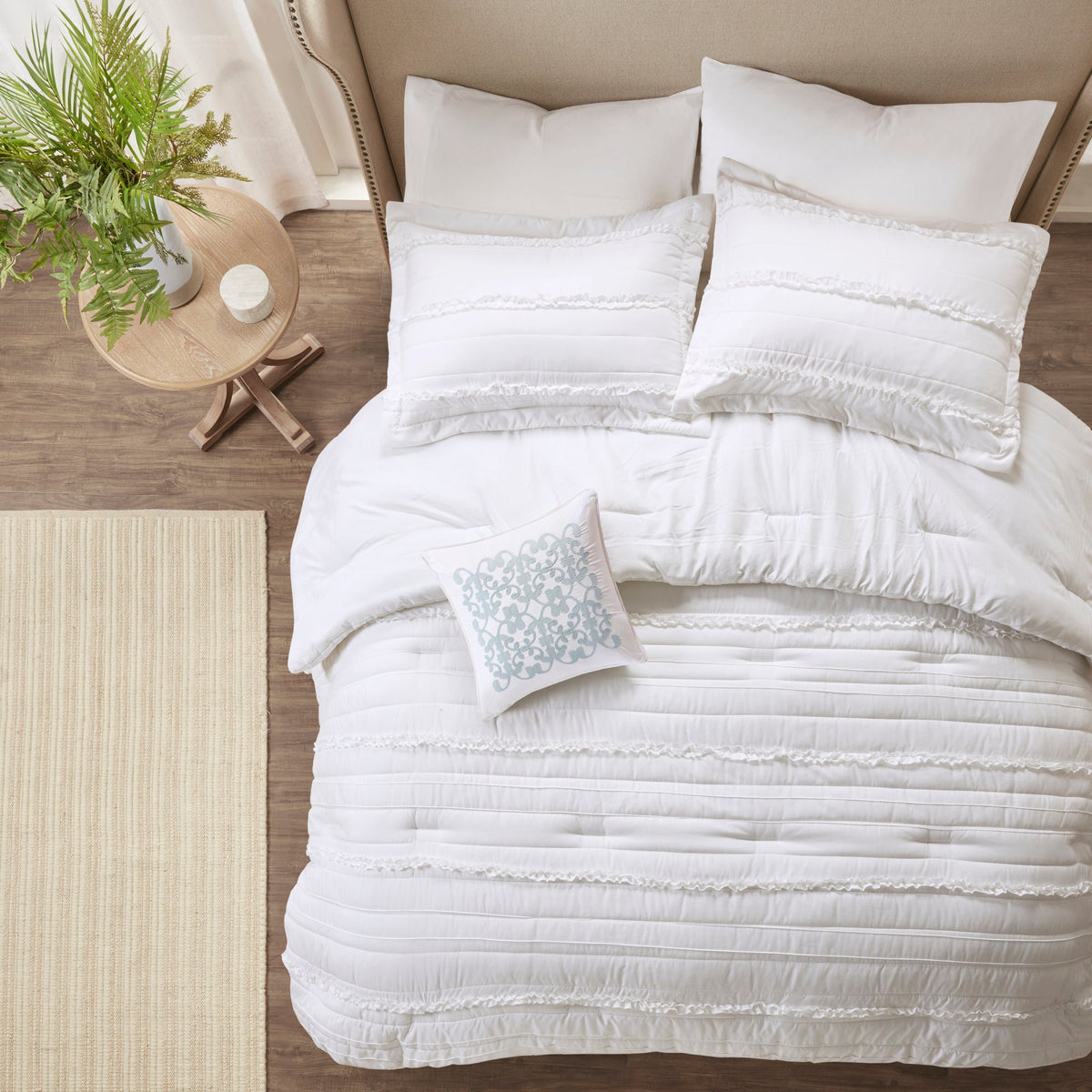 White 5 Piece Microfiber Ruffled Comforter Set - California King