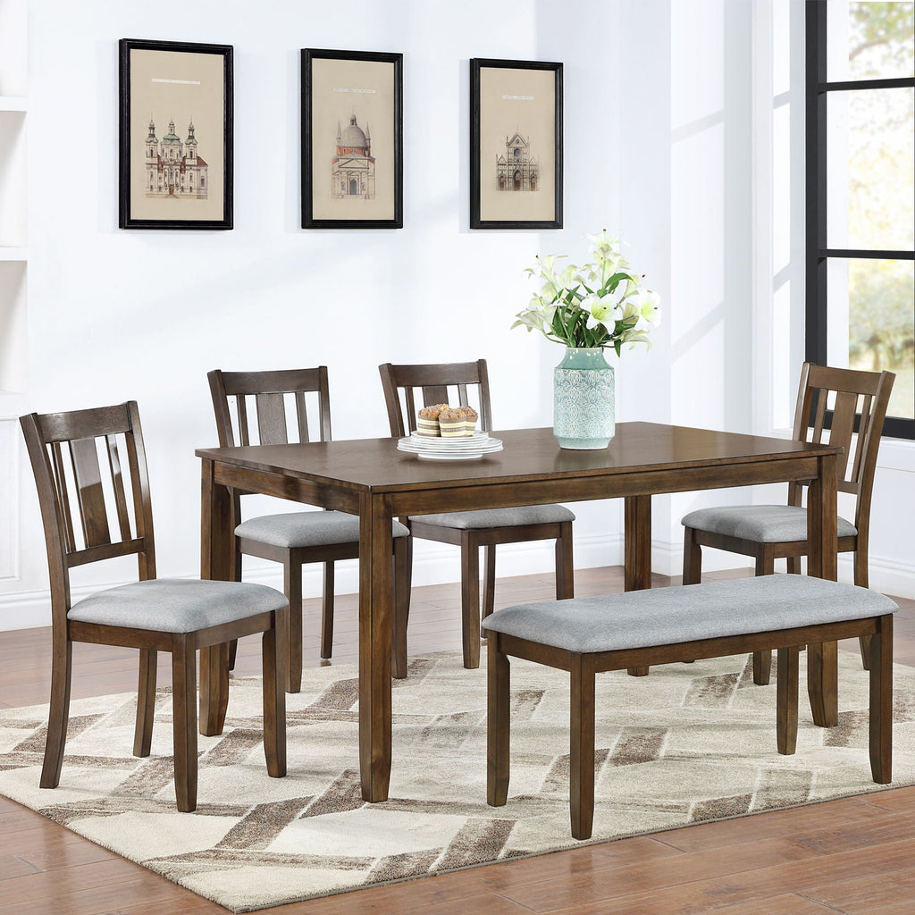 6 Piece Wood Dining Table with 4 Upholstered Chairs And A Bench