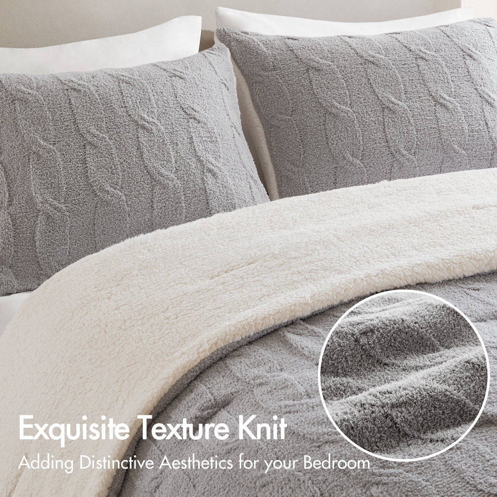 Gray 3 Piece Full/Queen Cable Knit Chenille Comforter Set