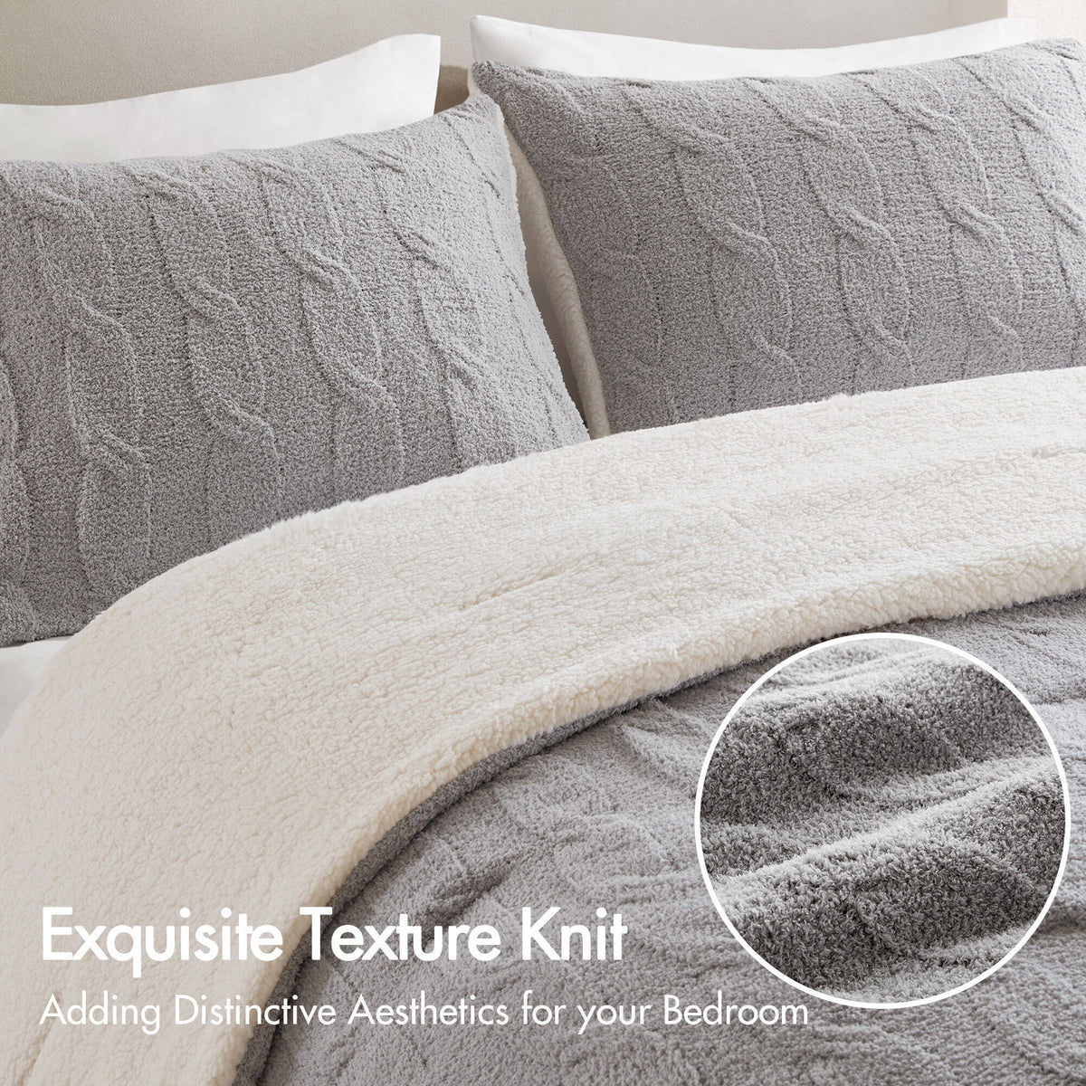 Gray 3 Piece Full/Queen Cable Knit Chenille Comforter Set