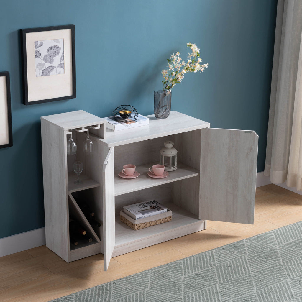 Bar Cabinet with Open Wine Storage Display Kitchen Cabinet - White Oak