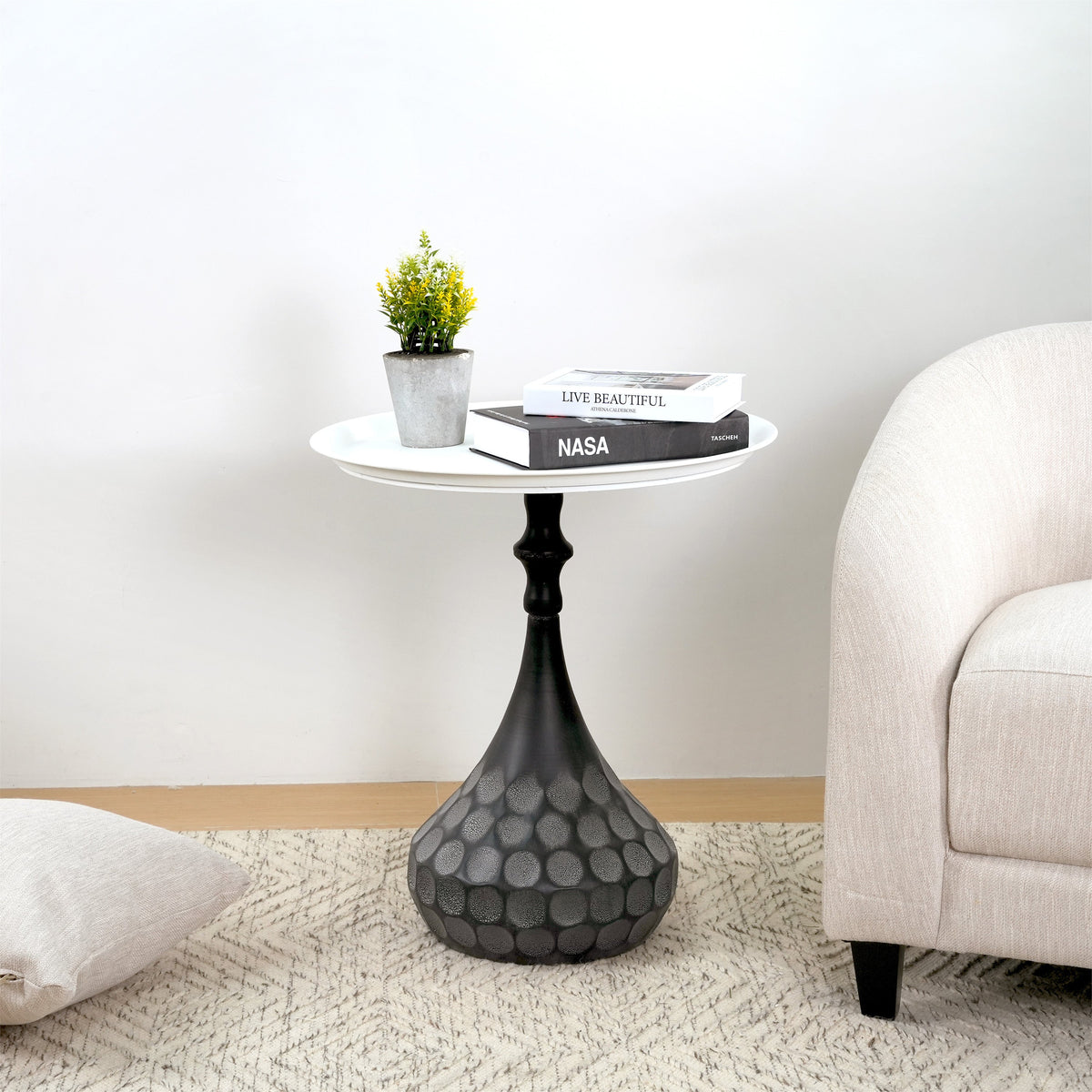 Metal Accent Pedestal Table, Hand-Hammered Texture-White+Black