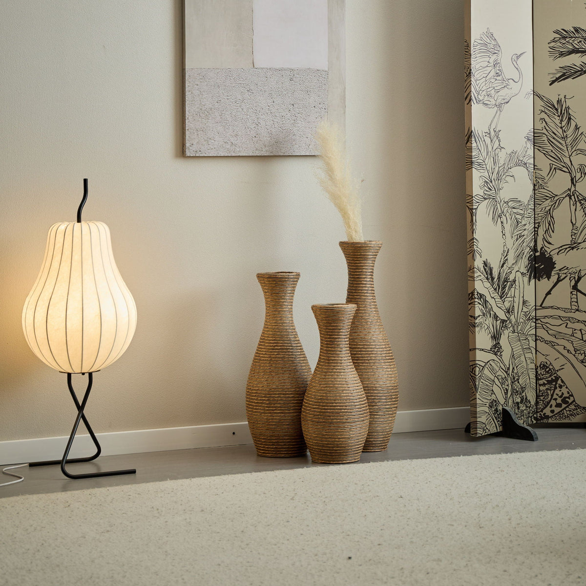 Beige 3 Piece Decorative Floor Vase Set-Ideal For Dried Or Silk Flower Arrangements