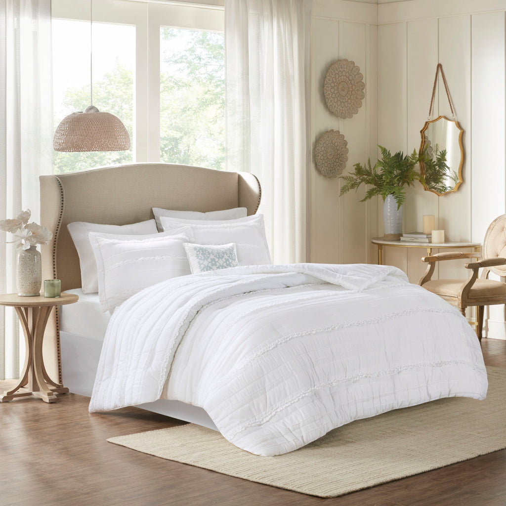White 5 Piece Microfiber Ruffled Comforter Set - California King
