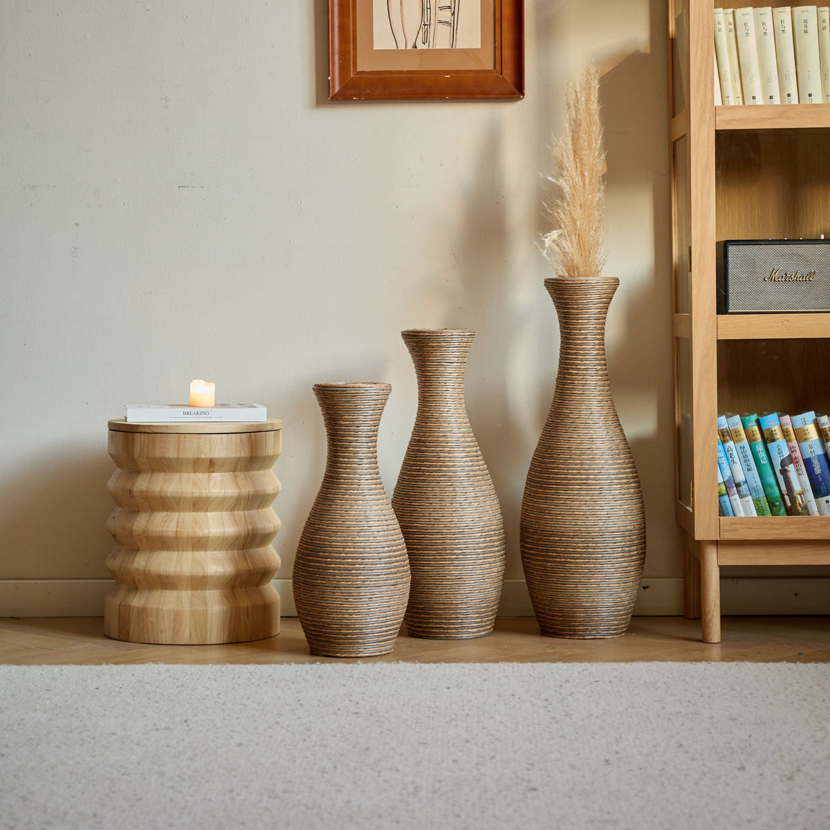 Beige 3 Piece Decorative Floor Vase Set-Ideal For Dried Or Silk Flower Arrangements