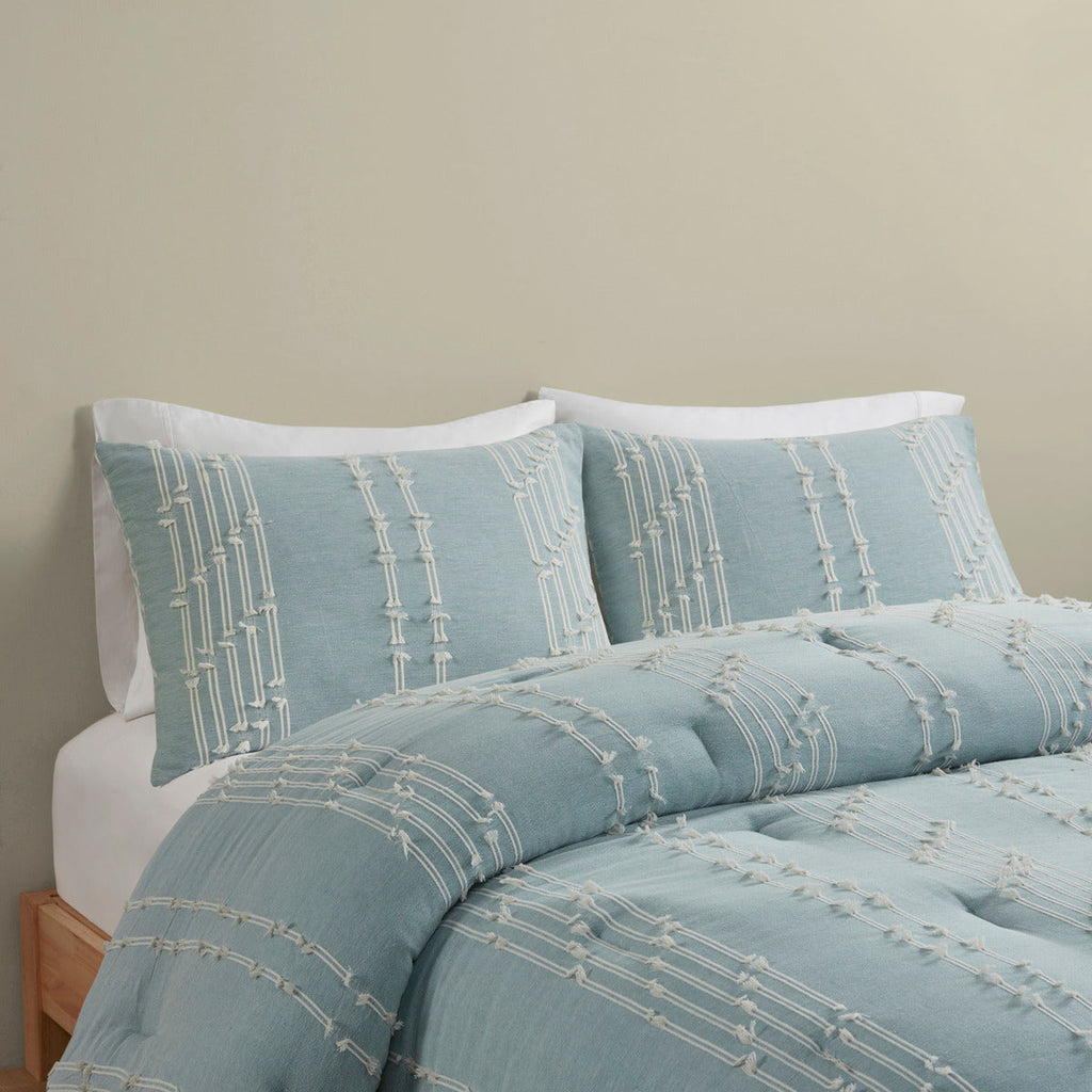 Aqua 3 Piece Cotton Jacquard Comforter Set-Full/Queen