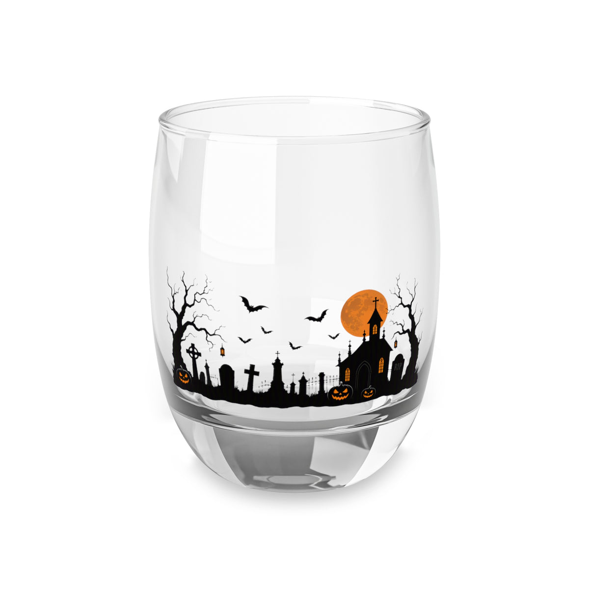 Halloween Graveyard Whiskey Glass – Haunted House & Pumpkin