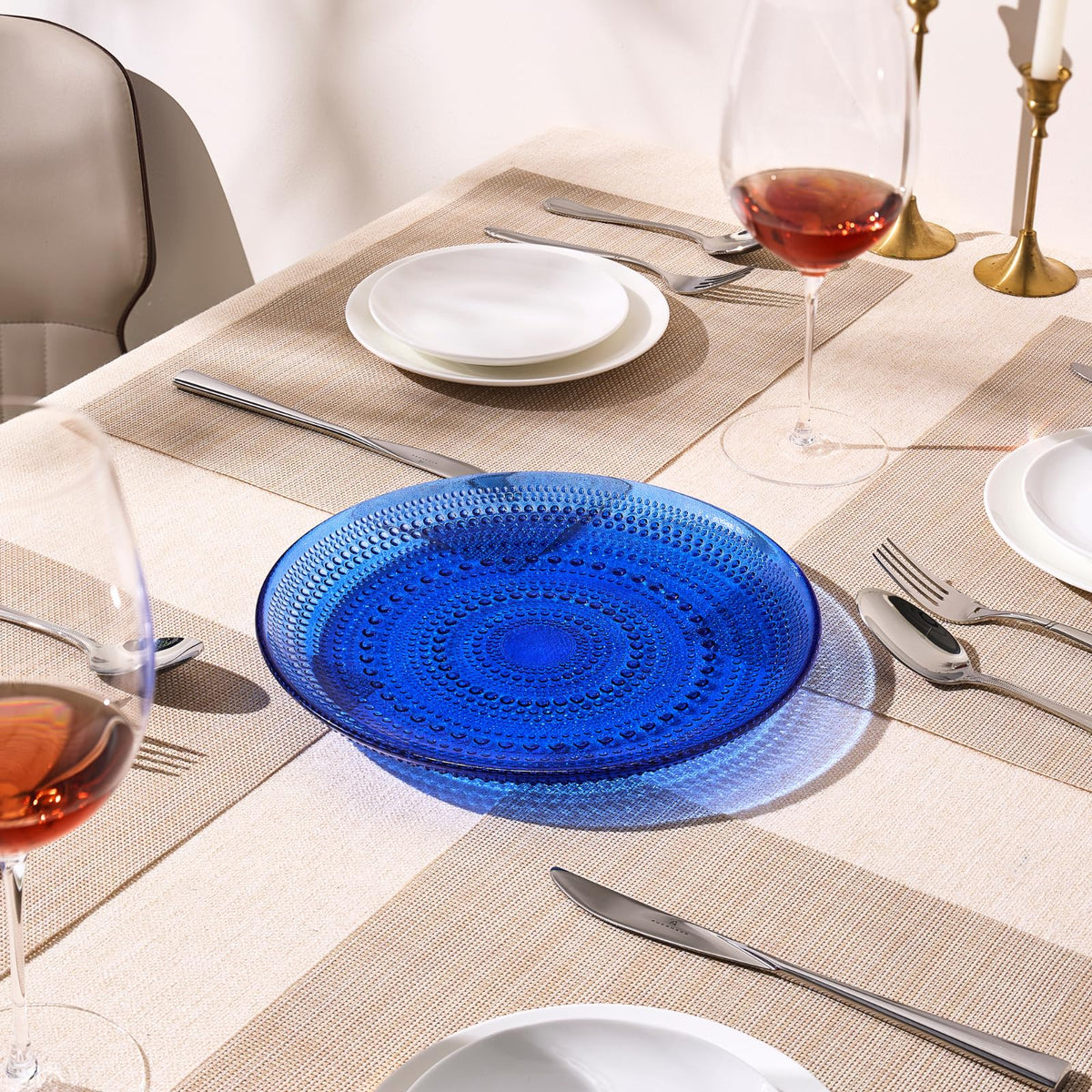 Dark Blue Glass Hobnail Dinner Plates – Set of 4