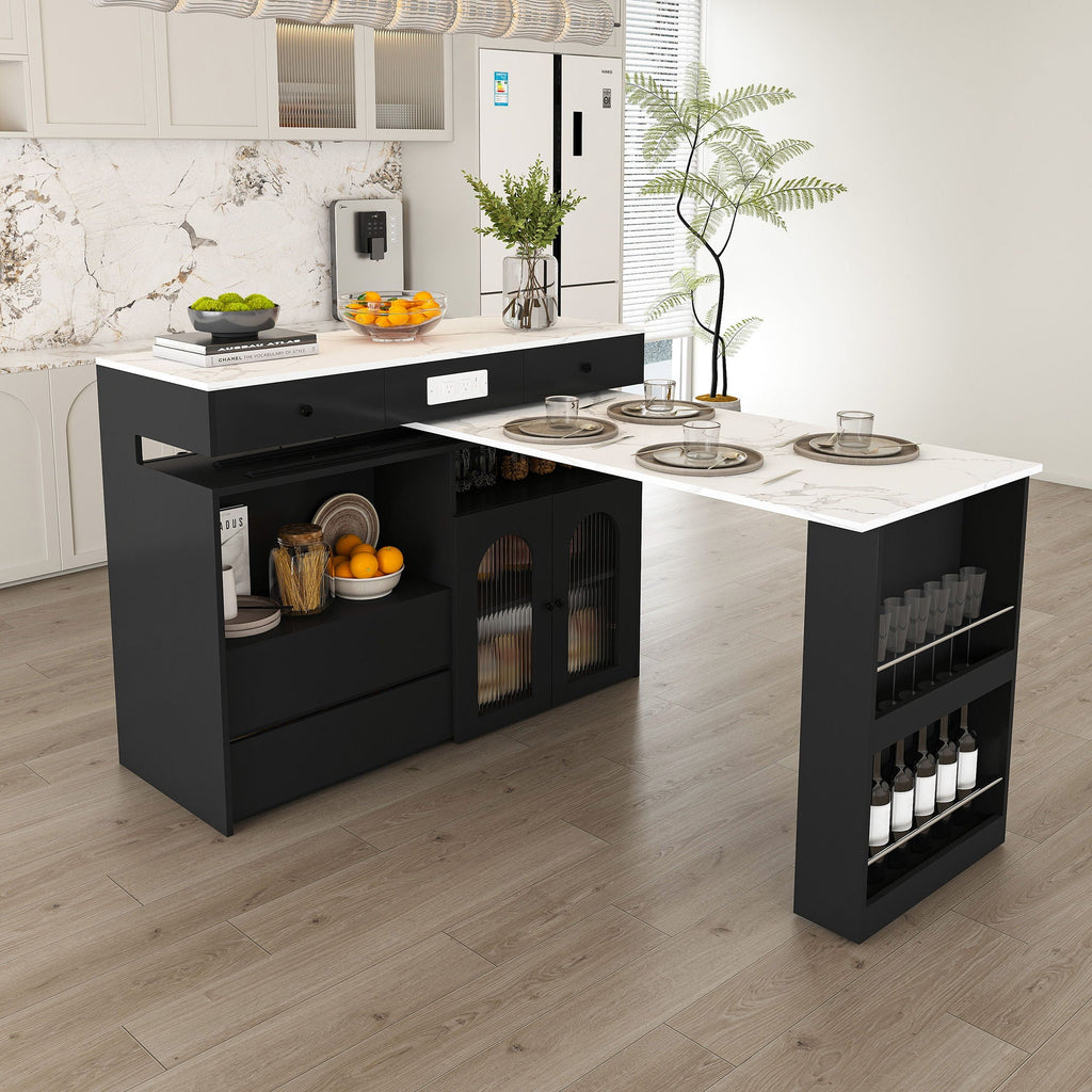 Kitchen Island With Extendable Rotating Table and Glass Door Cabinets