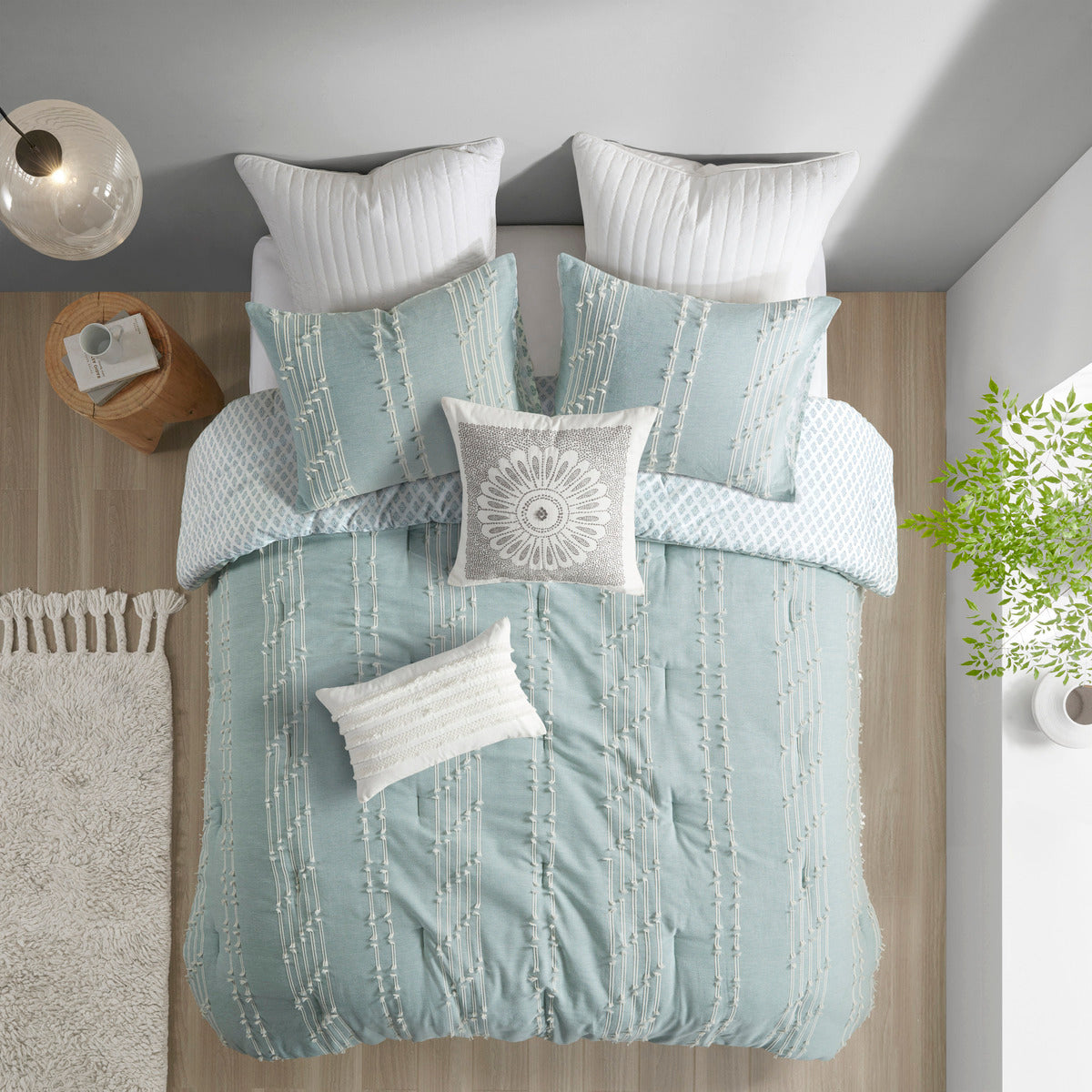 Aqua 3 Piece Cotton Jacquard Comforter Set-Full/Queen