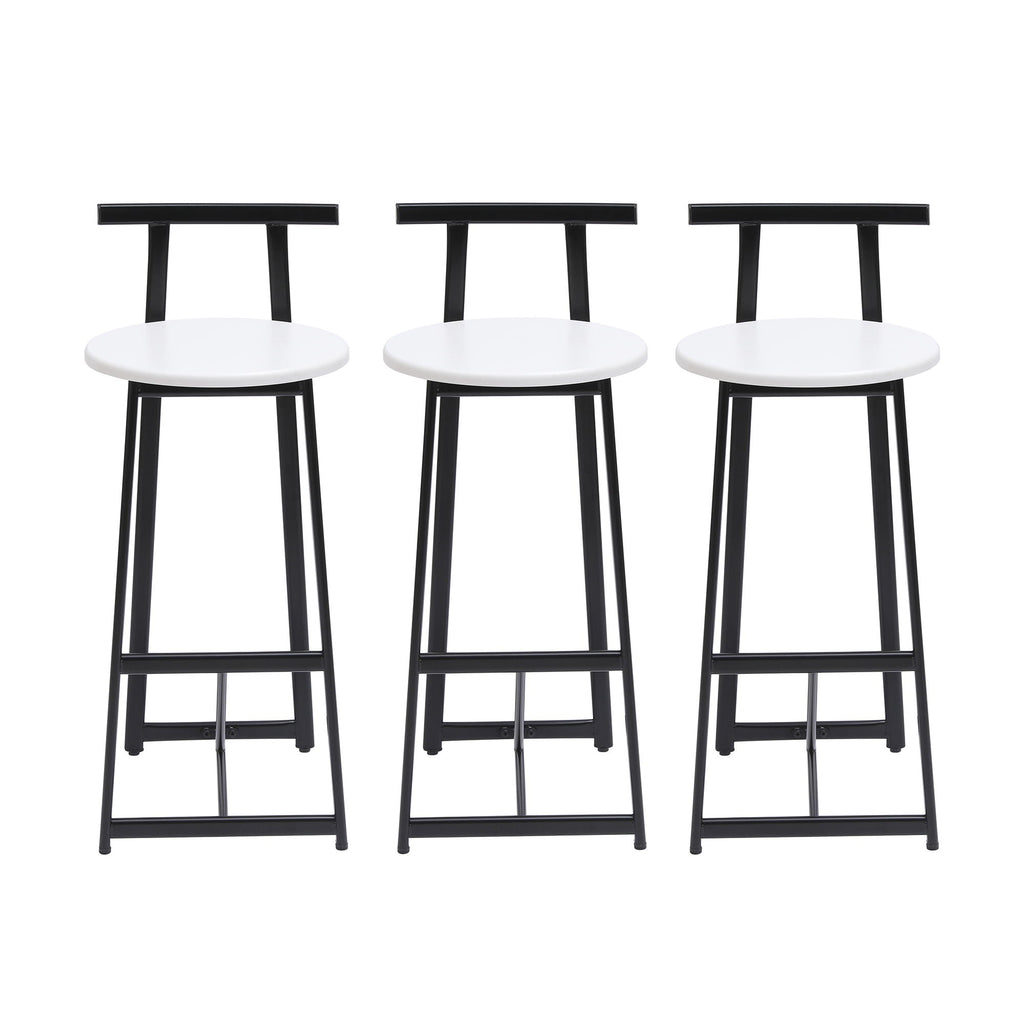Three matching bar stools with round white seats and black metal frames, shown side by side on a plain white background.