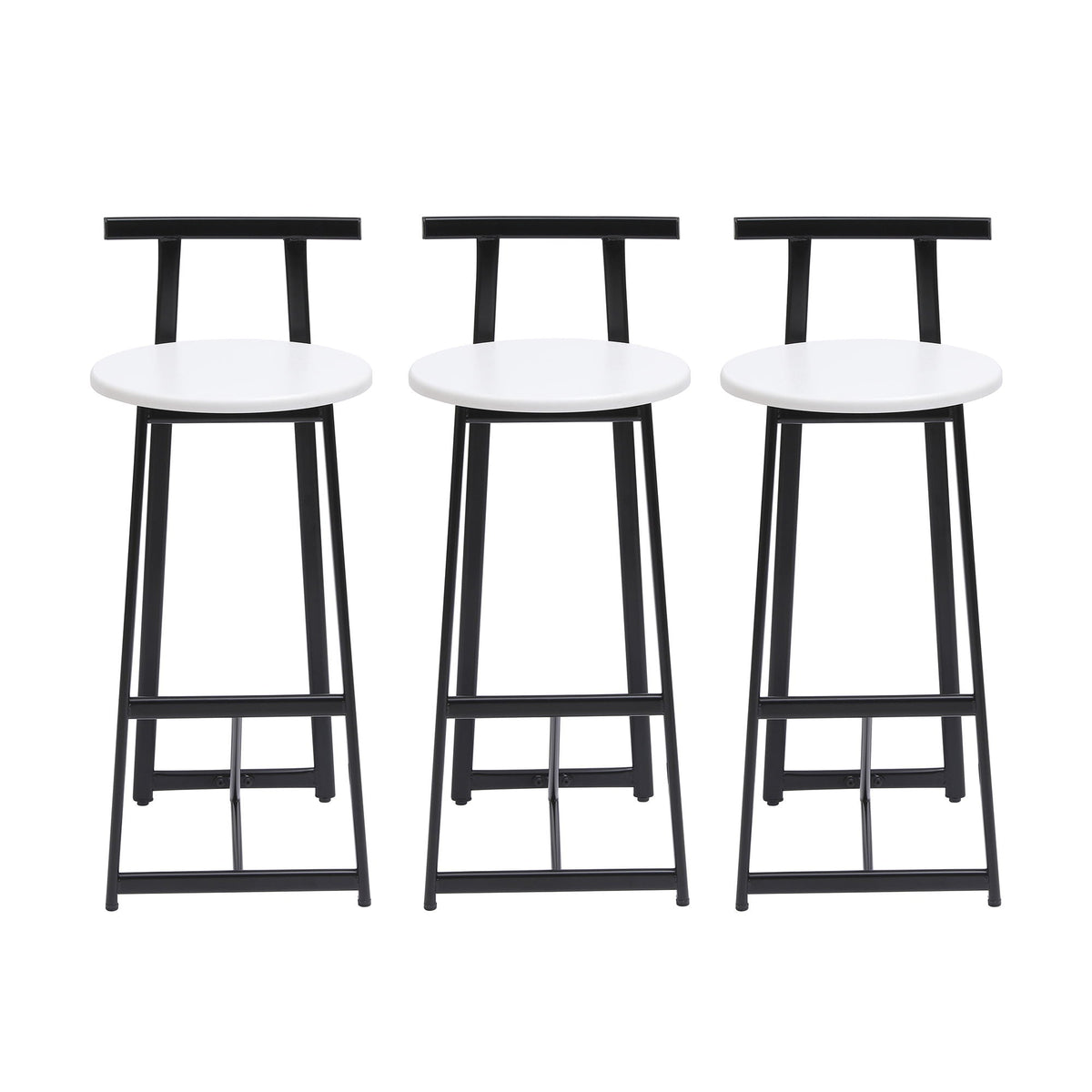 Three matching bar stools with round white seats and black metal frames, shown side by side on a plain white background.