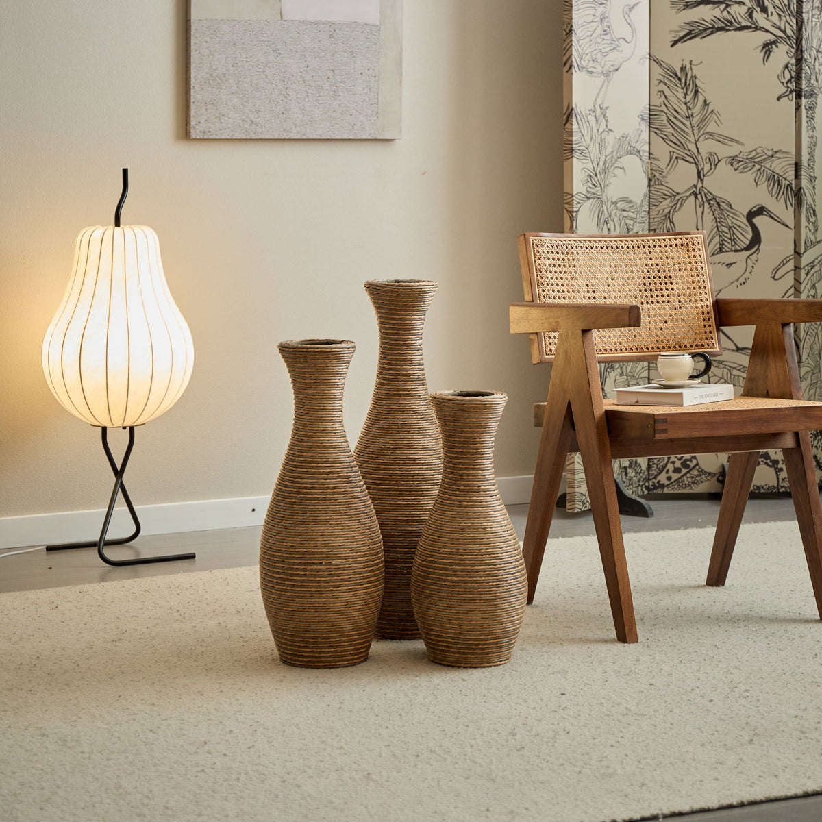 Beige 3 Piece Decorative Floor Vase Set-Ideal For Dried Or Silk Flower Arrangements
