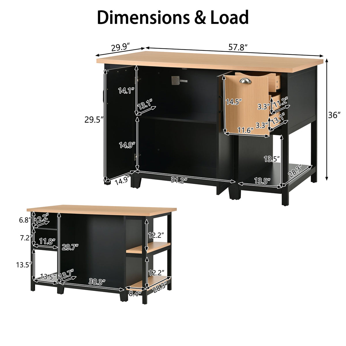 58" Freestanding Kitchen Island-Open Shelving