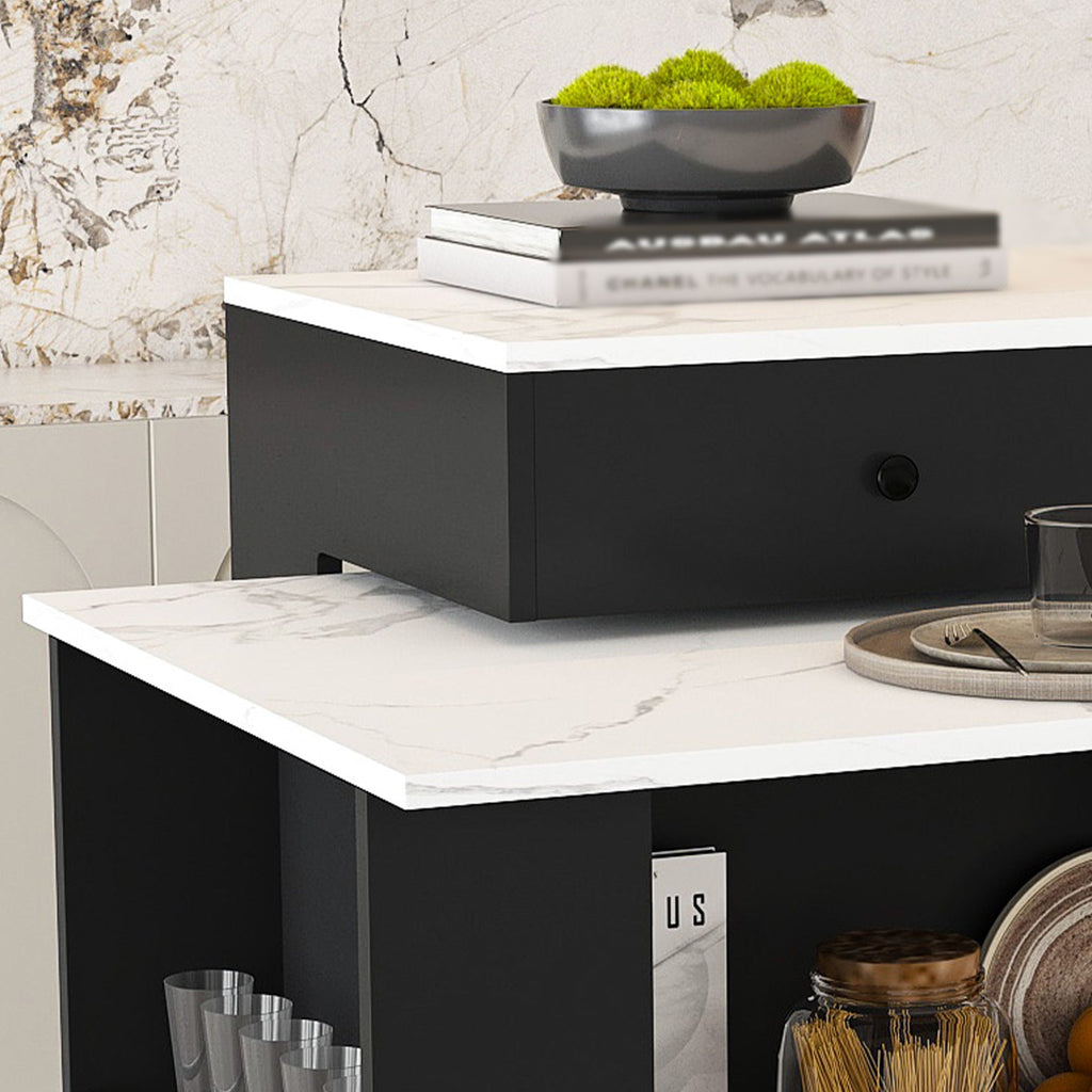 Kitchen Island With Extendable Rotating Table and Glass Door Cabinets
