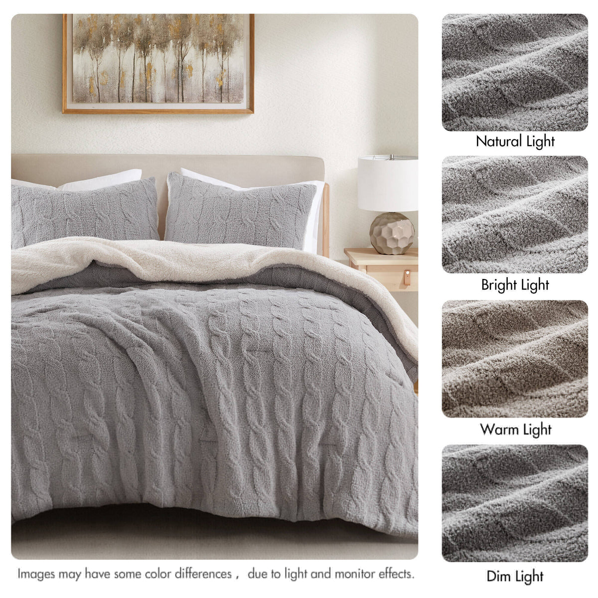 Gray 3 Piece Full/Queen Cable Knit Chenille Comforter Set