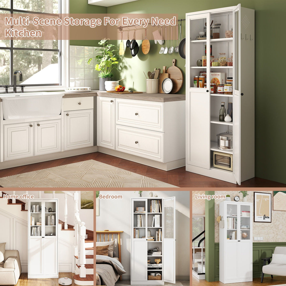 Tall Metal Kitchen Pantry Cabinet with Adjustable Shelves And Silent Magnetic Doors