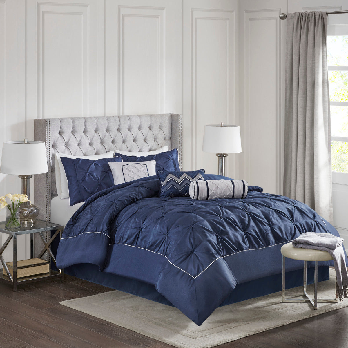 Navy 7 Piece Tufted Queen Comforter Set