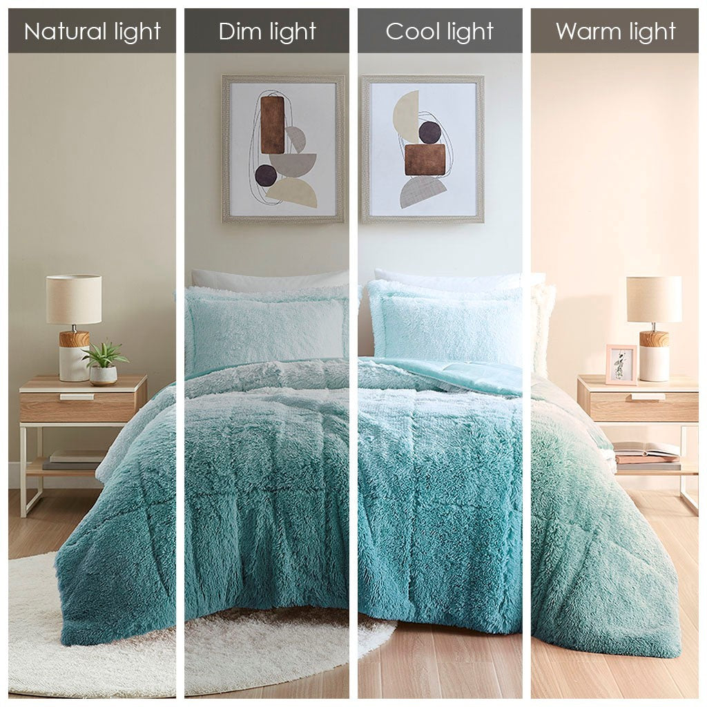 Ombre Shaggy Long Fur Comforter Mini Set-Full/Queen