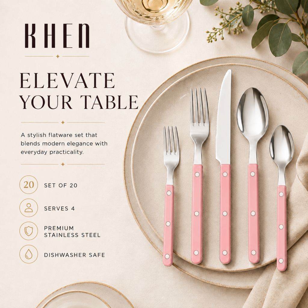 Khen Pink Stainless Steel Flatware – 20-Piece Set