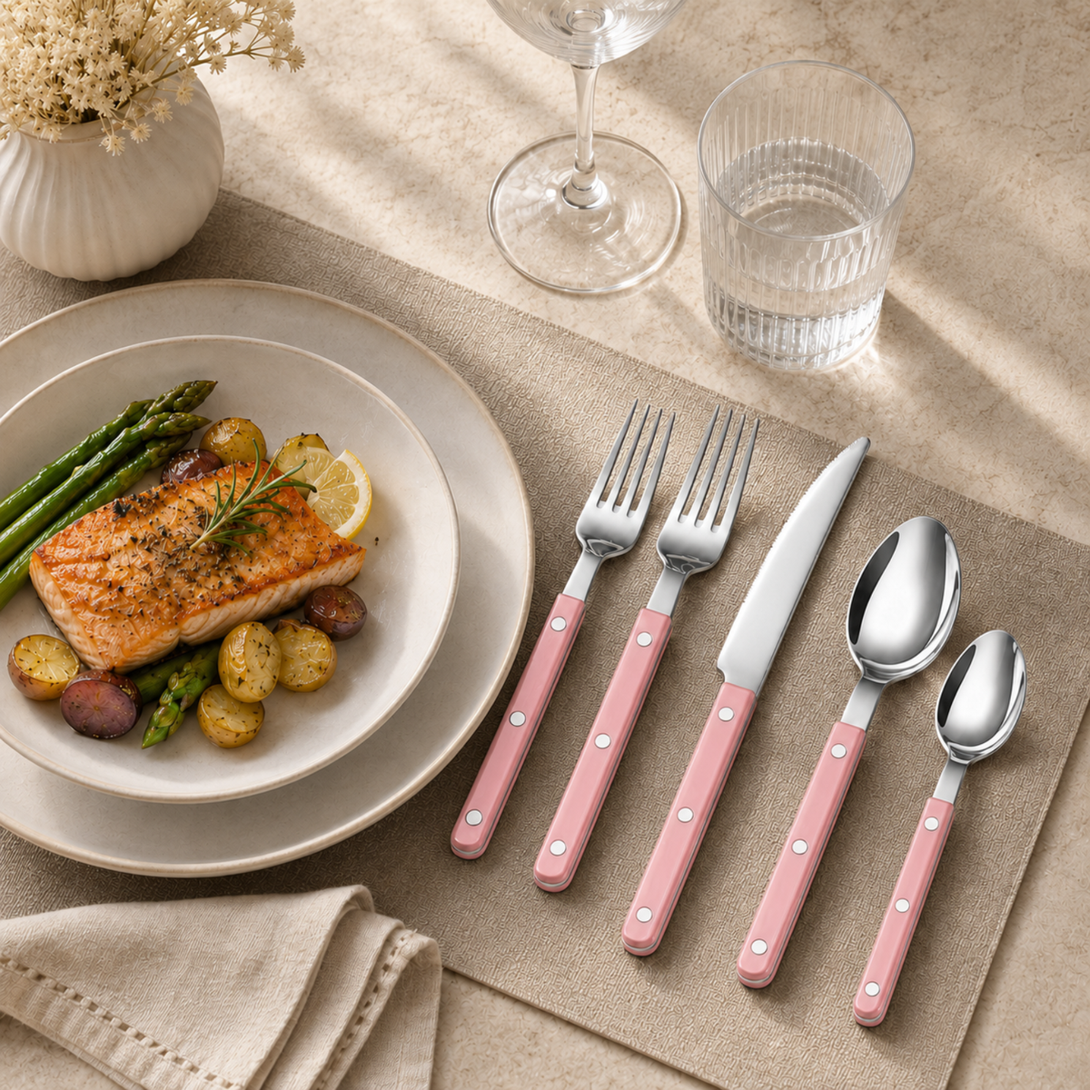 Khen Pink Stainless Steel Flatware – 20-Piece Set