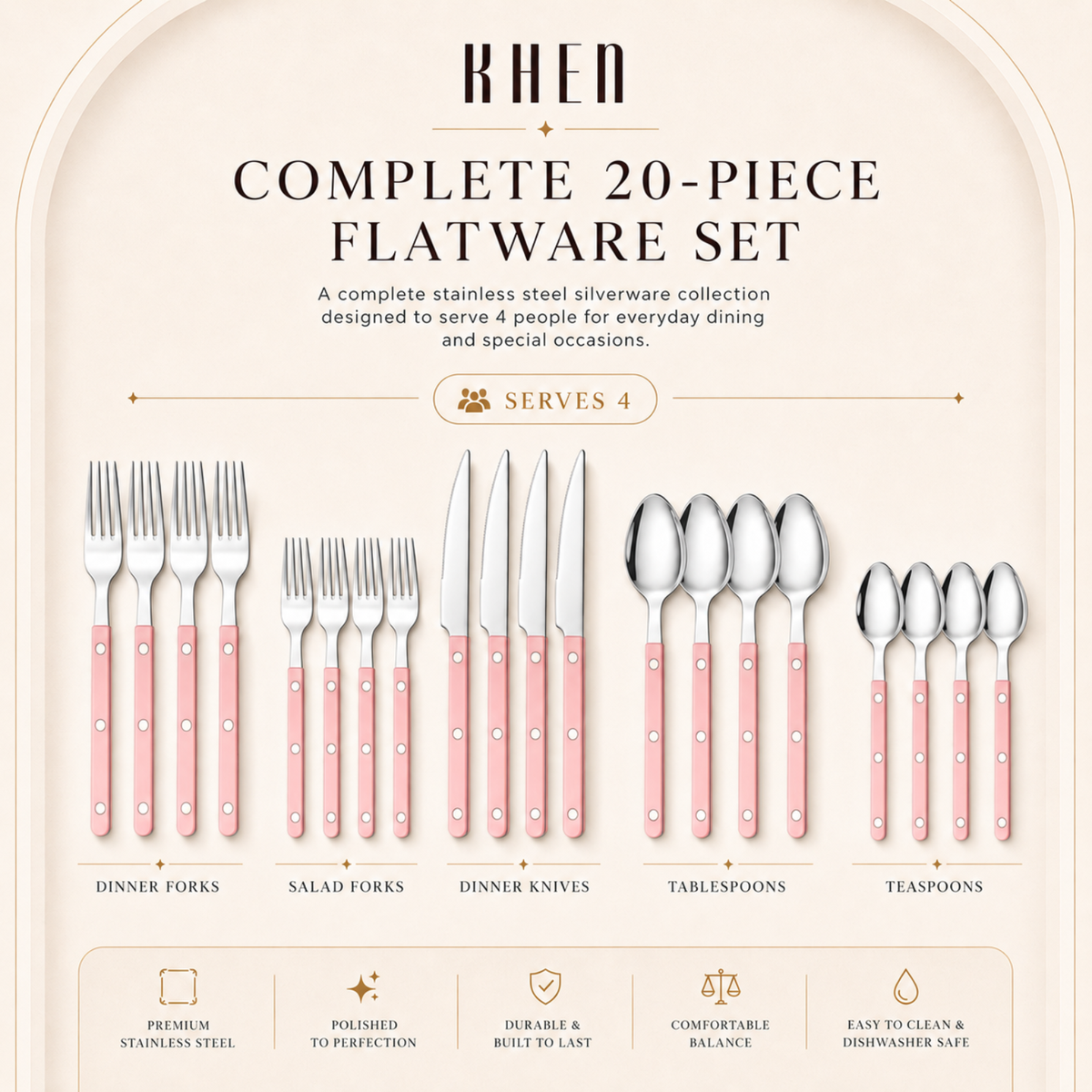 Khen Pink Stainless Steel Flatware – 20-Piece Set