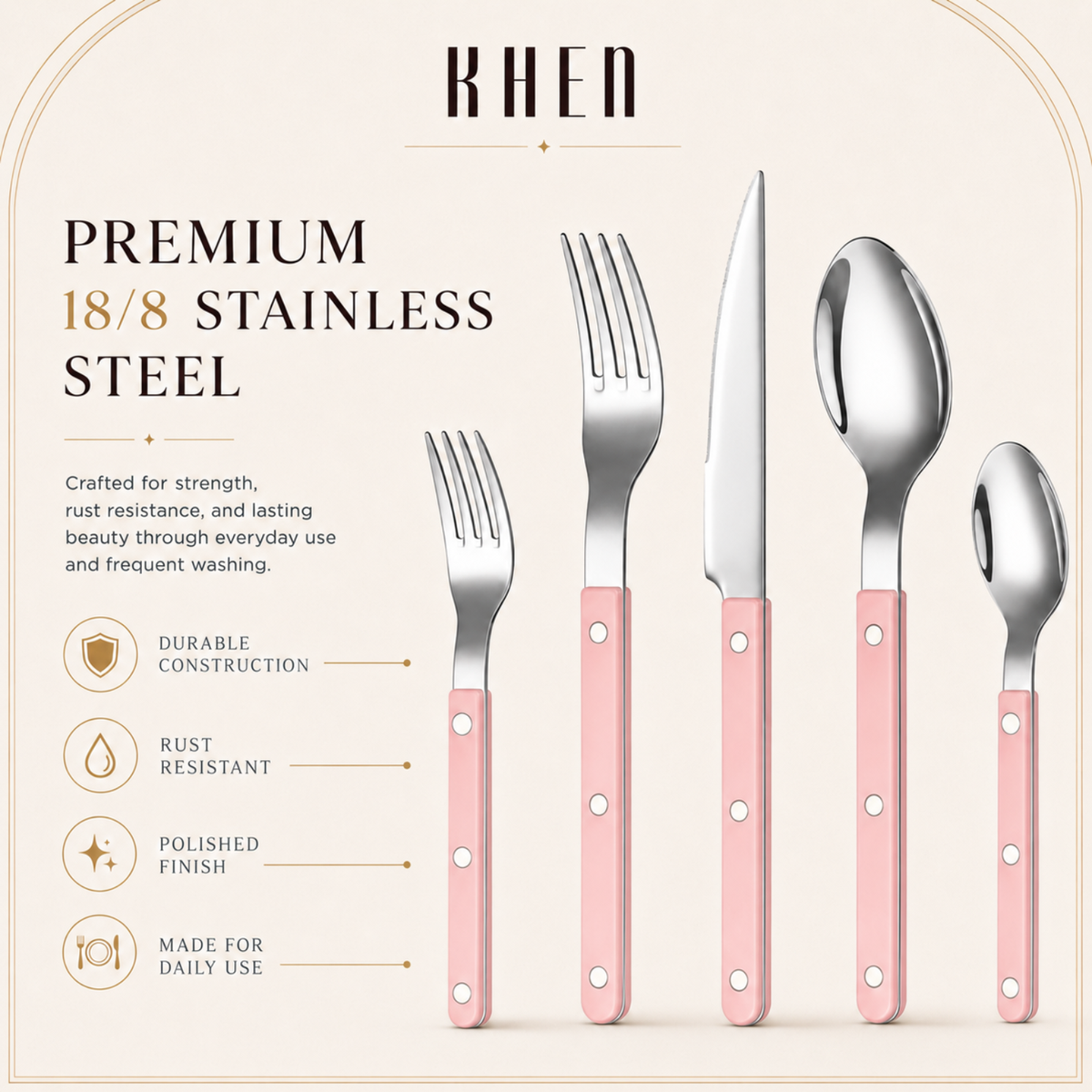 Khen Pink Stainless Steel Flatware – 20-Piece Set