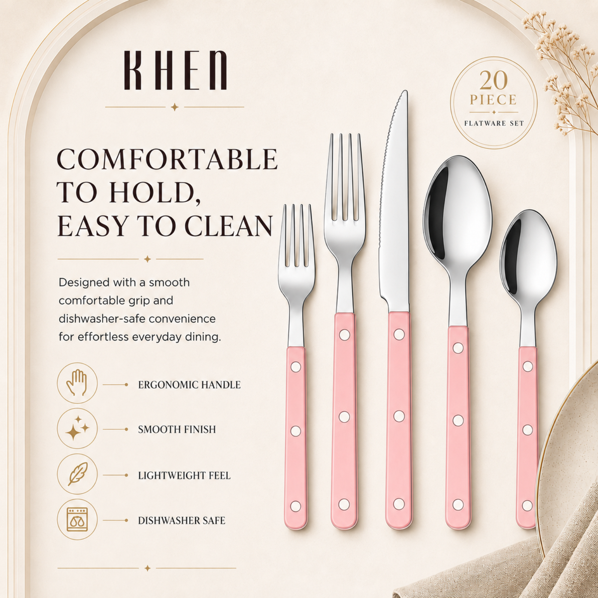 Khen Pink Stainless Steel Flatware – 20-Piece Set