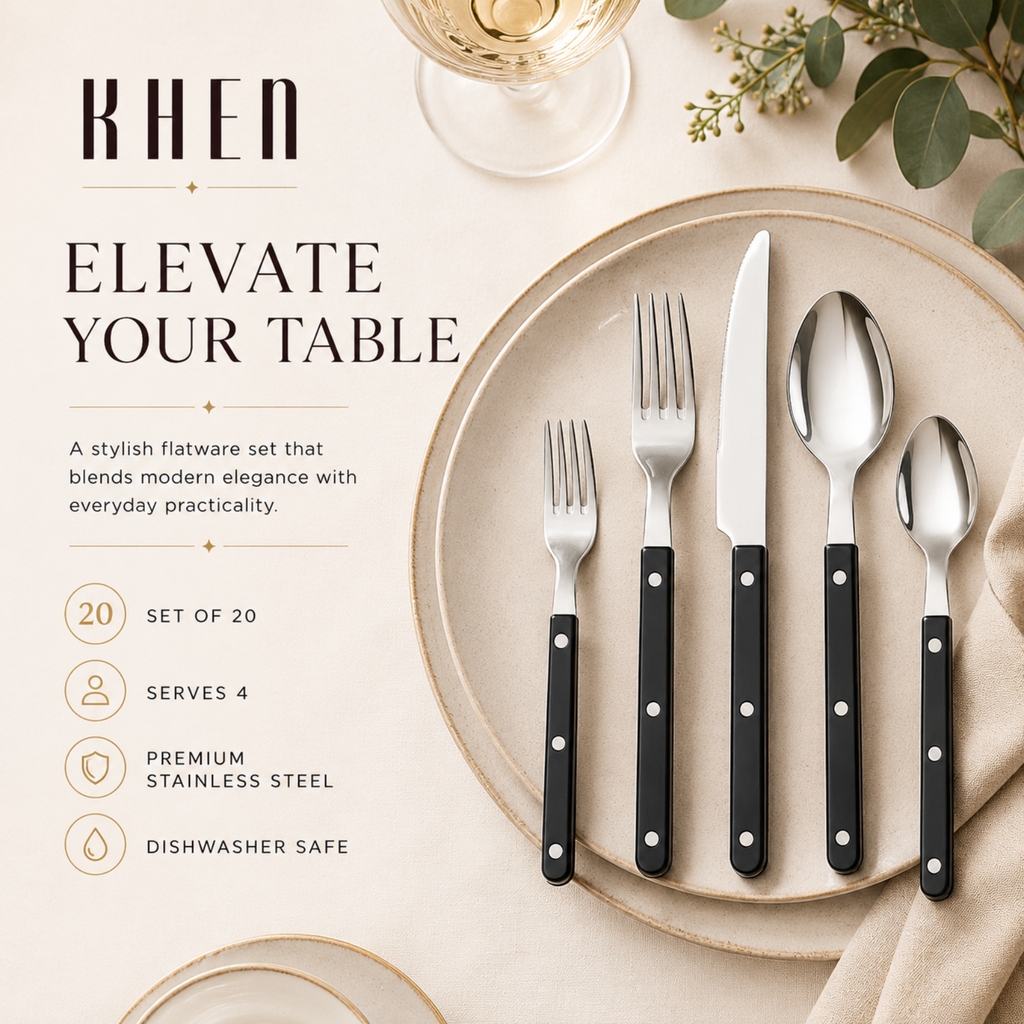 Khen Black Stainless Steel Flatware – 20-Piece Set