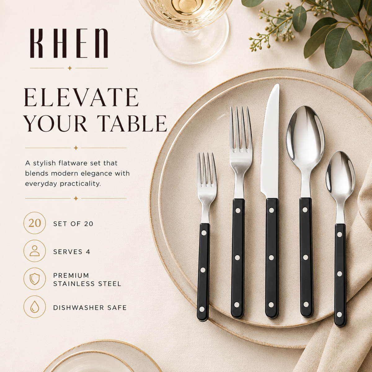 Khen Black Stainless Steel Flatware – 20-Piece Set