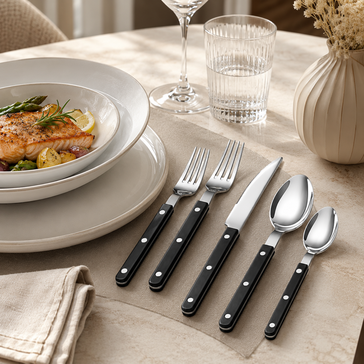 Khen Black Stainless Steel Flatware – 20-Piece Set