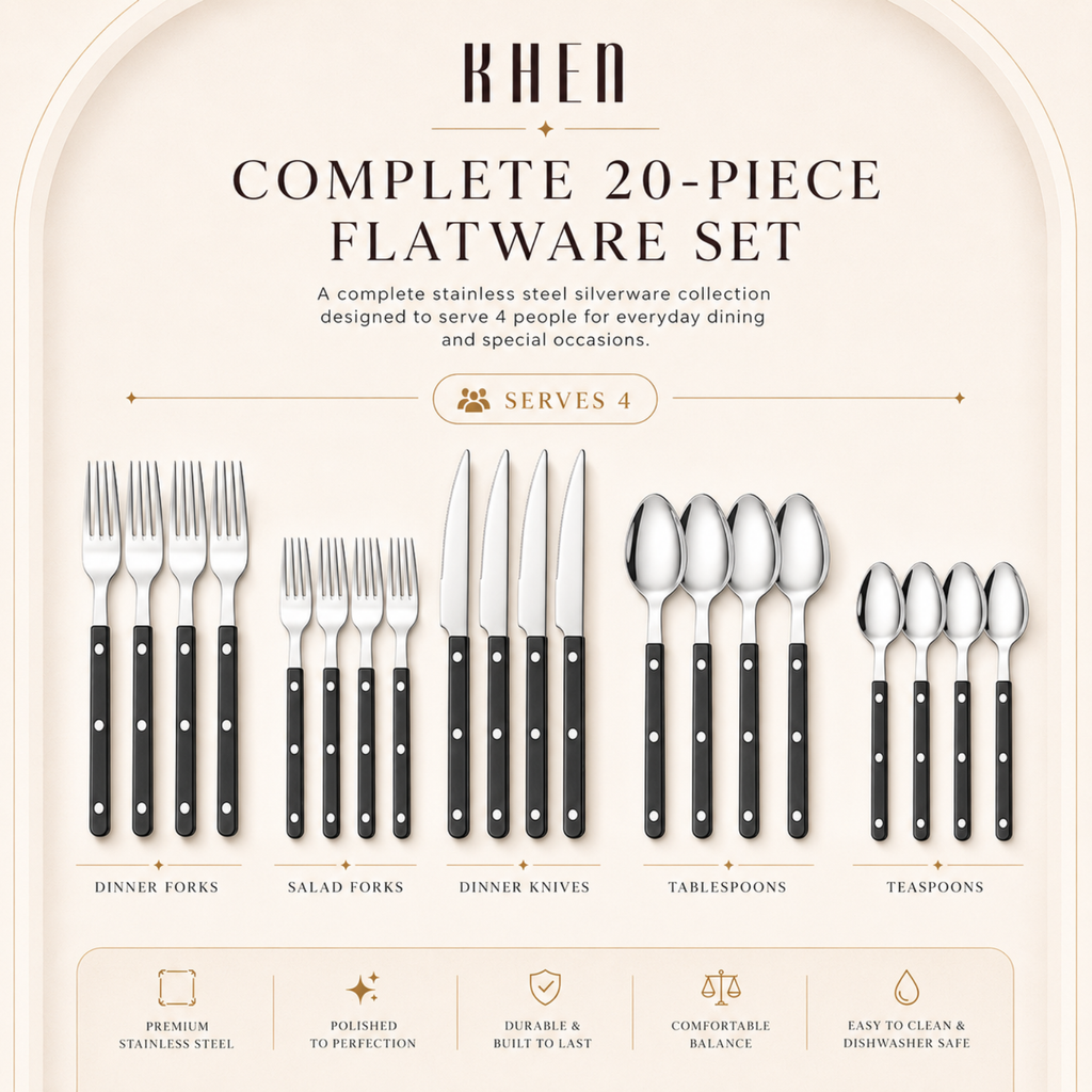 Khen Black Stainless Steel Flatware – 20-Piece Set